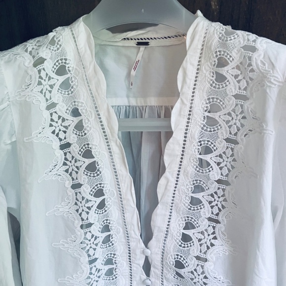 Free People Louella Embroidered Blouse Top Shirt Puff Sleev White Ivory Cotton L - Picture 8 of 17